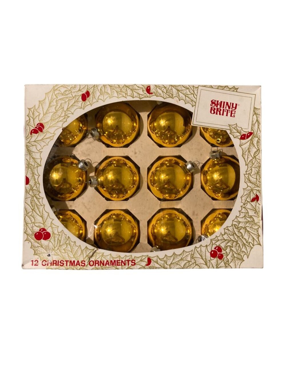 Vintage Christmas Shiny Brite Gold Glass Ornaments Set Of 12 - Original Box